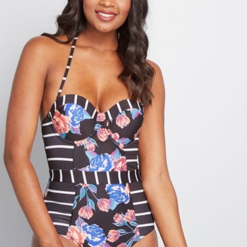 ModCloth Harper One-Piece Floral Swimsuit Black